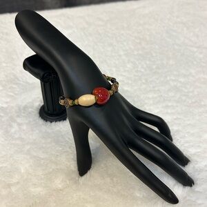 New one of a kind hand crafted beaded “mushroom” bracelet. Red brown gre…